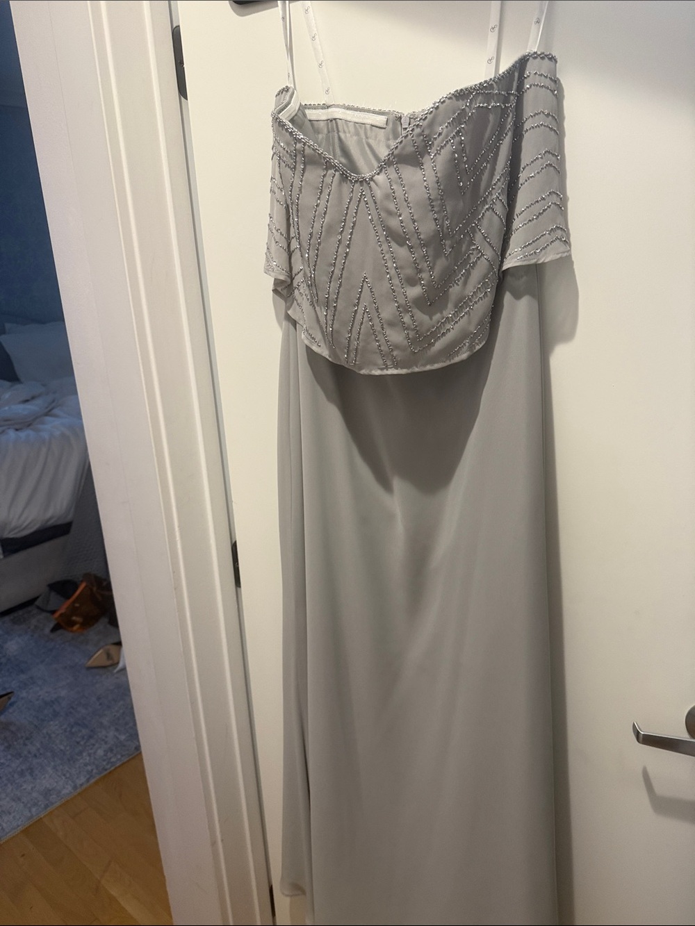 Adrianna Papell Silver Gray Beaded Off-Shoulder Wedding Dress